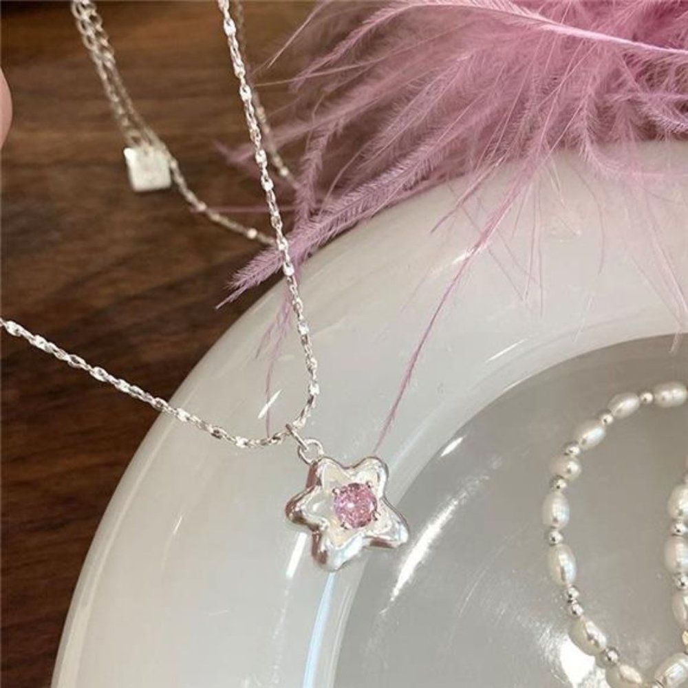 Sterling Silver Forget Me Not Flower Necklace Tiny CZ Flower Dainty Pendant
